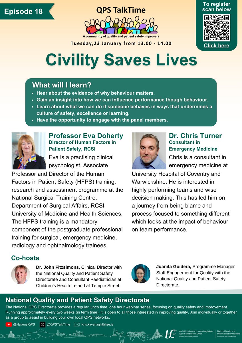 Register for QPS TalkTime on the 23rd January when we're joined by world renowned @EvaDoherty and Dr. Chris Turner who are advocates for the importance of civility in the work place! Find out more information at the below link: www2.healthservice.hse.ie/organisation/n…