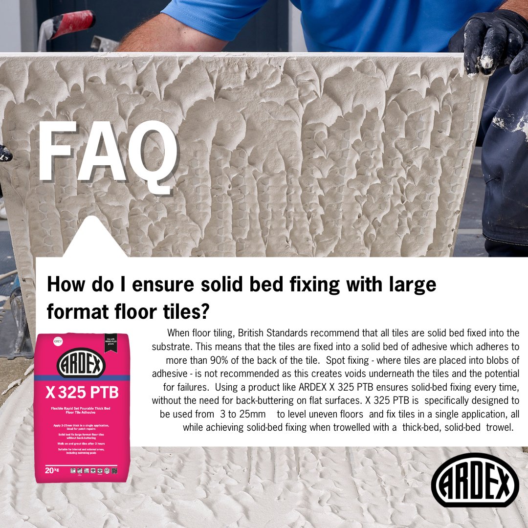 ARDEXUKTiling's tweet photo. Question: How do I ensure solid-bed fixing of large format floor tiles? 🤔

Answer: With ARDEX X 325 PTB

👇👇👇👇

#TilingTips #TilingHacks #FAQ  #FloorTiles #TileInstallation #SolidBedFixing #LargeFormatTiles #ARDEX #ARDEXX325PTB #CoverageAndContact #Backbuttering https://t.co/g9AkcDkCIq