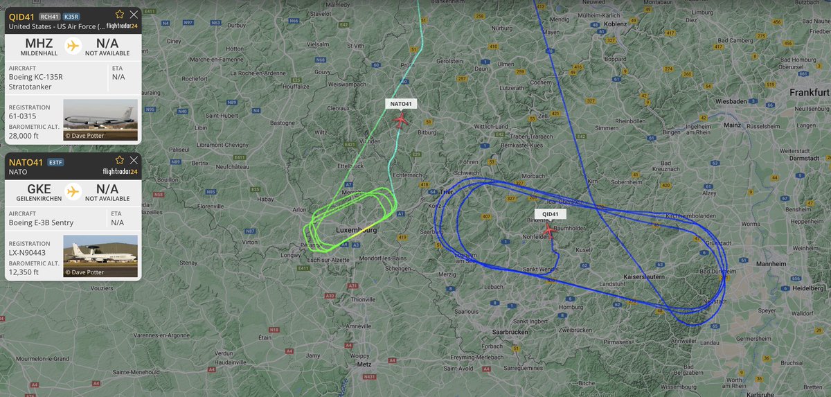 alternativewip's tweet photo. #USAF #NATO KC-135R stratotanker / E8B sentry awacs circling over the south west of germany and luxembourg, departures from mildenhall / geilenkirchen. #QID41 #NATO41 https://t.co/zDB2quj4k7