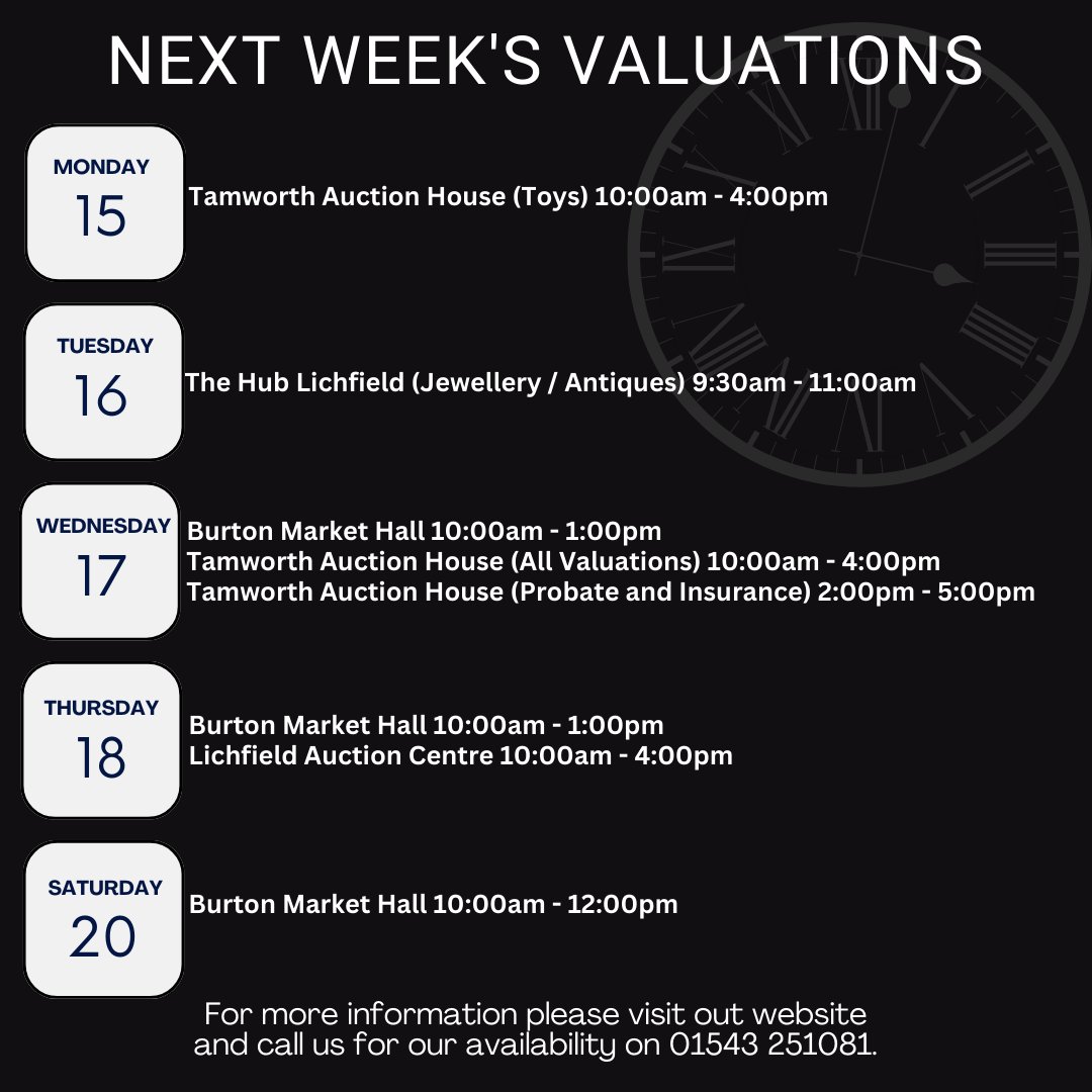 Auctionwint's tweet photo. Valuation Dates for next week with location, dates and times on where to find us π
If you have any questions please contact us, we look forward to seeing you there π
For more information please check out our website-
https://t.co/ZhcIVBqZHJ
#valuationdates #auctionvaluations https://t.co/WiJ2xExhzX