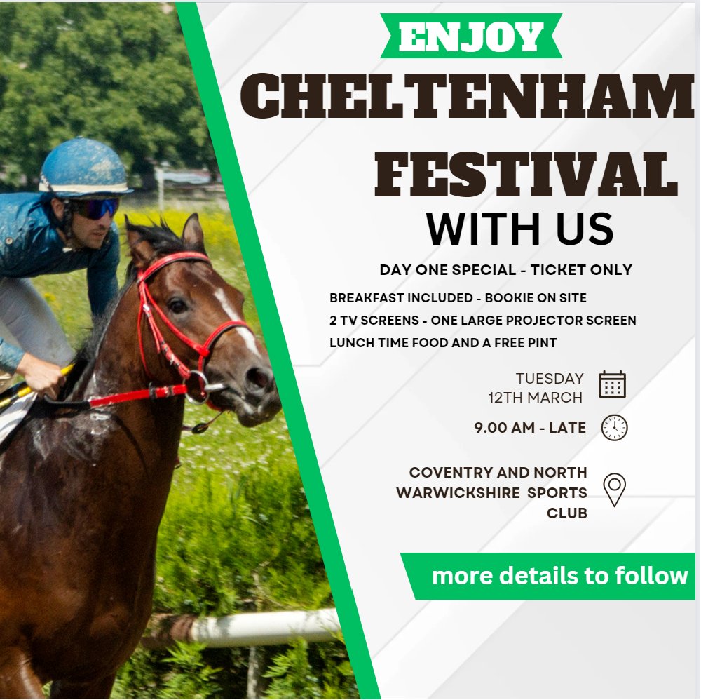 Enjoy Cheltenham Festival 🏇🏇with us this year - We will be showing all races over the festival
1⃣Day One (Tue) Ticket only event 
Includes breakfast, Lunch and a free Pint 
Bookie will be on site,
2 large TV's and large projector screen 
More details coming soon 👀👀