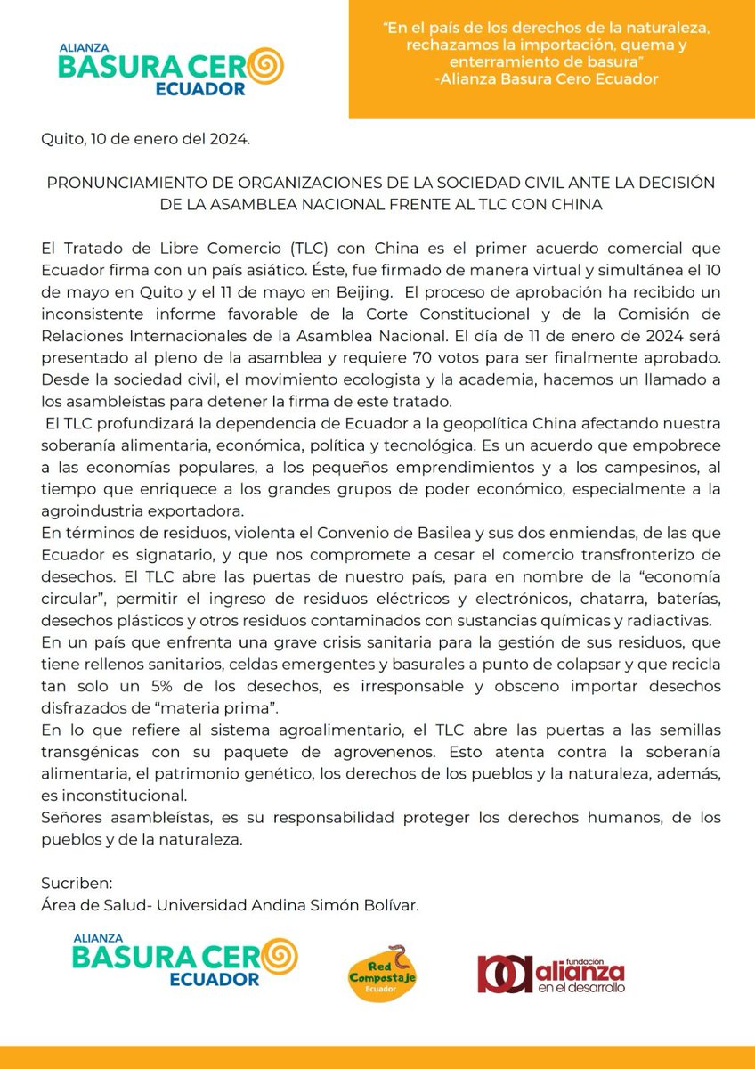 BasuraCeroEC's tweet photo. #LaNuevaAsamblea no puede convertir a nuestro país en el basurero del gigante asiático a través del #TLCEcuadorChina 
El acuerdo esconde bajo la etiqueta de #EconomíaCircular el ingreso de residuos (basura)⬇️ 
#AsambleaNoDesecheLaPatria #EcuadorNoSeraBasureroDeChina https://t.co/eZjUuvDMv0