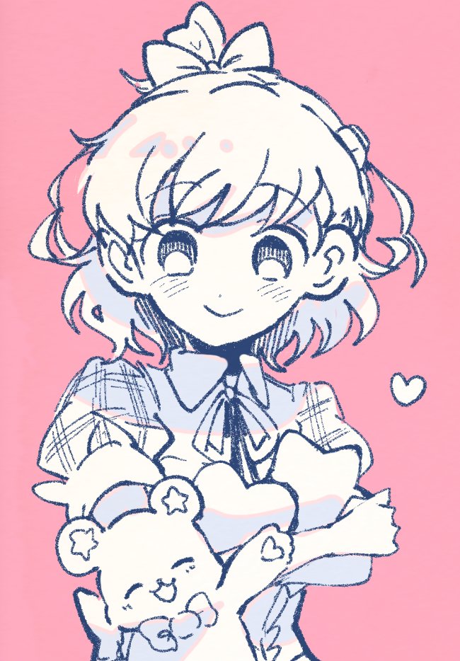 1girl smile pink background heart bow simple background short hair  illustration images