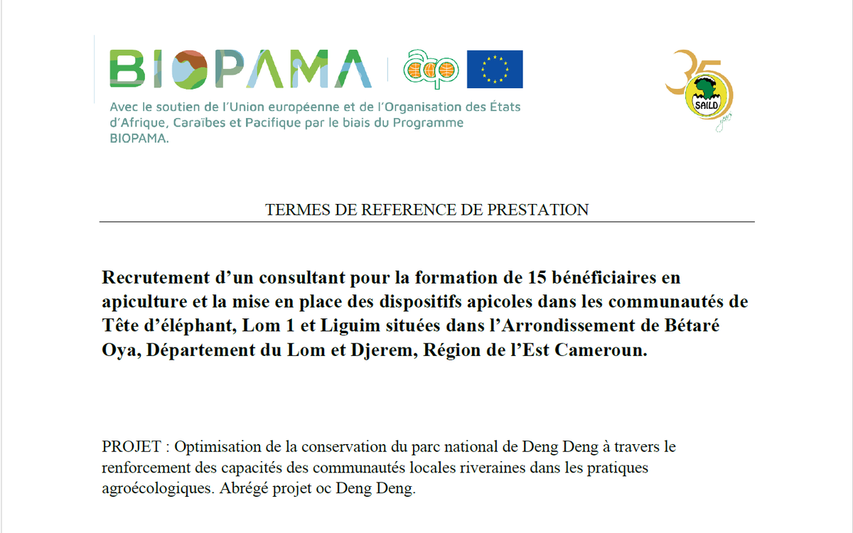 SAILD recrute un consultant pour former en #apiculture dans le projet de conservation soutenu par le programme #BIOPAMA de l'<a href="/UICN_PACO/">UICN-PACO</a>, <a href="/UEauCameroun/">L'UE au Cameroun et pour la Guinée équatoriale</a> et <a href="/PressACP/">OACPS Secretariat</a>.  
Les offres doivent être envoyées au plus tard le 16 janvier 2024. La suite👇
saild.org/wp-content/upl…