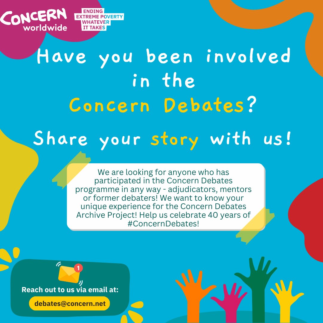 ConcernDebates's tweet photo. 🌟 Reflect. Connect. Celebrate. 🎉 Share your unique perspective in the Concern Debates Archive Project. Be part of the dialogue that shaped lives for 40 years. Apply now: email debates@concern.net #ConcernDebates #ConcernWorldwide https://t.co/Z6mLysANuI