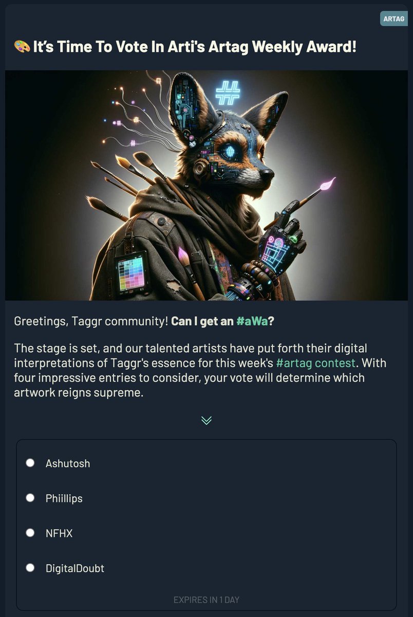 mntyetti's tweet photo. Time to vote in Arti's #Artag Weekly Award on #Taggr. Choose your favourite artist for the 5 $taggr prize. Poll ends in 24h.
π https://t.co/SqQmHLbYWX https://t.co/KUTVptvME5