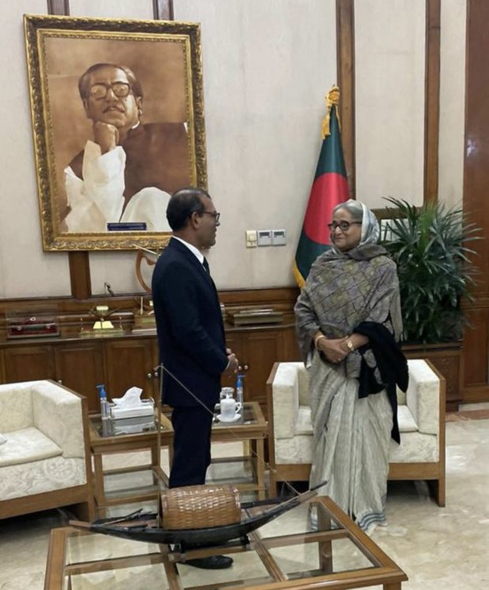 MohamedNasheed's tweet photo. Delightful to meet PM Sheikh Hasina today. I briefed her on @TheCVF's work &amp; we agreed to focus on attracting investments to the Mujib Prosperity Plan - the first, completed CVF 'climate prosperity plan'. I congratulated her on her election win, in which turn out was very good. https://t.co/pcyVhIjnOm