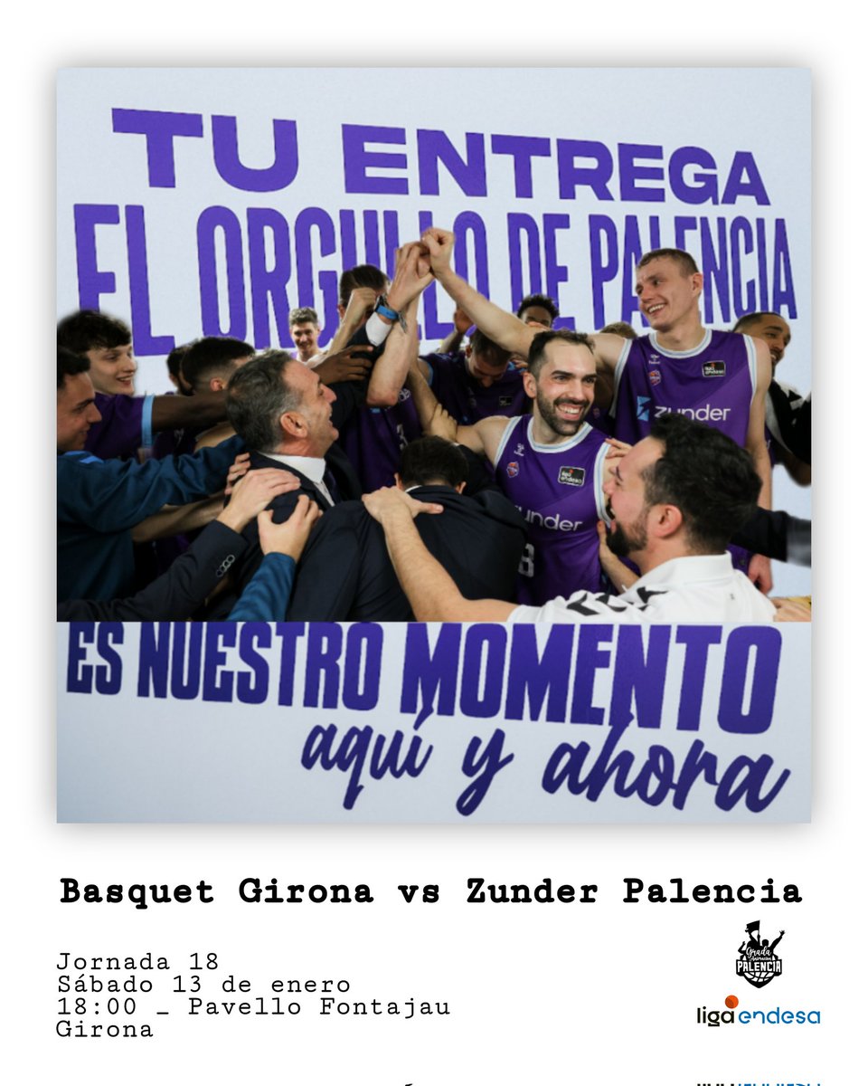 𝗘𝗦 𝗡𝗨𝗘𝗦𝗧𝗥𝗢 𝗠𝗢𝗠𝗘𝗡𝗧𝗢
@ZunderPalencia empieza la segunda vuelta y es el momento de demostrar que merecemos estar en el lugar que nos hemos ganado a pulso 💪🏻
🧩Jornada 18
📆Sábado 13/01/2024
🕕18:00
🆚️@BasquetGirona
🏟Pavello Fontajau, Girona
💜#SentimientoPalentino