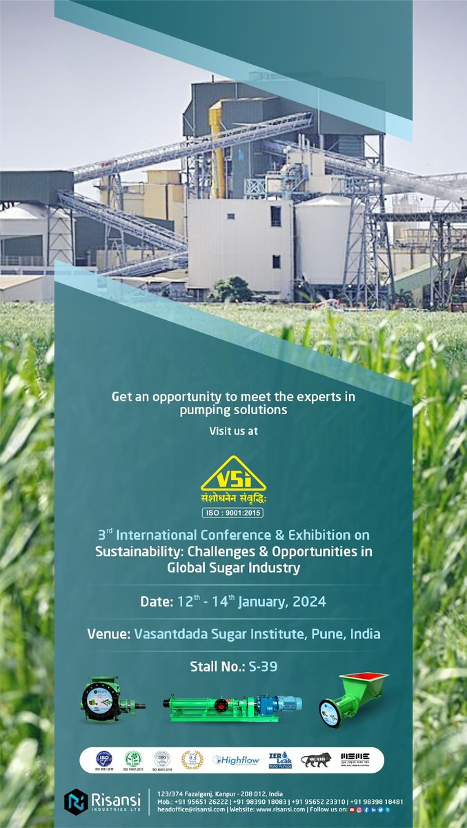 Countdown to excitement! 
Join #Risansi at the '3rd International Conference on Sustainability in Global #SugarIndustry' at Vasantdada Sugar Institute.
🌍 Stall S-39 awaits for insights and connections. See you there!
#VSI2024 #RisansiAtVSI #PumpIndustry