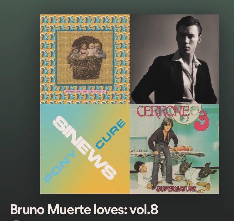 New Year, new playlist 🤝🏻 Bruno Muerte loves: vol. 8 Feat. @meridianbrother | @EnjoyableL | @sinewstheband | Cerrone | @KillerKowalski_ | @mnsfprdctn | @premium_leisure | Das Hobos | @giorgiomoroder | Roam | @barrelhausmusic | TOTEMPAPPA | @chemtrails_band | @gangband420