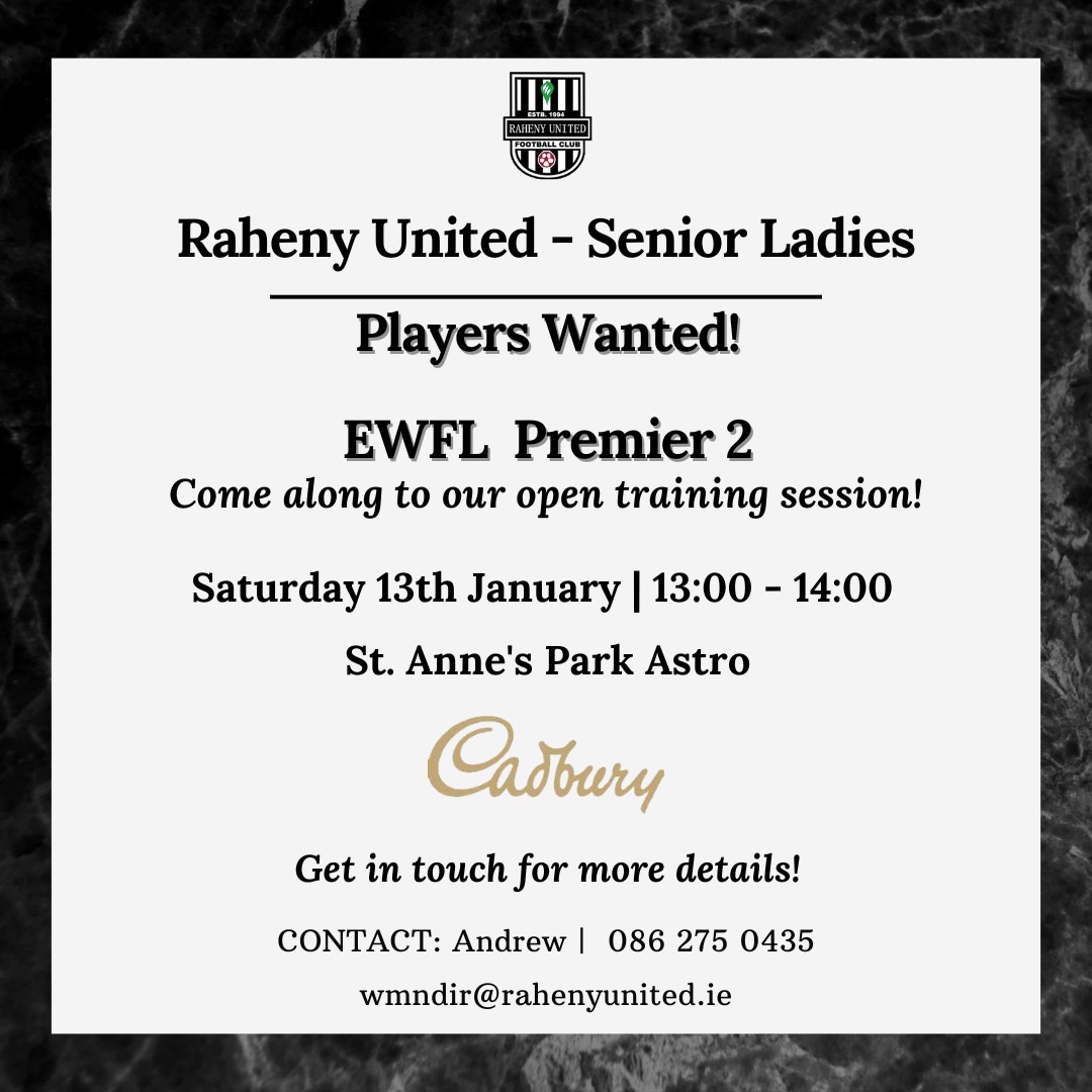 ⚽️ | 𝙍𝙚𝙢𝙞𝙣𝙙𝙚𝙧!

Not long now until our open training session on Saturday. 🙌

Our EWFL Senior Ladies side have been promoted twice and are proudly sponsored by <a href="/CadburyIreland/">Cadbury Ireland</a>. 💜

We hope to see those interested on the Astro at 1pm. 🕐 

⚫️ #RUFC | ⚪️ #CmonTheParish