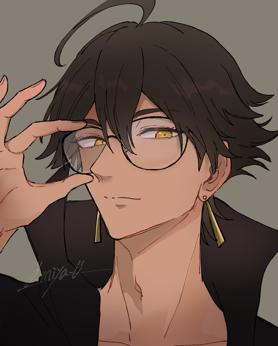 1boy male focus jewelry glasses solo earrings yellow eyes  illustration images