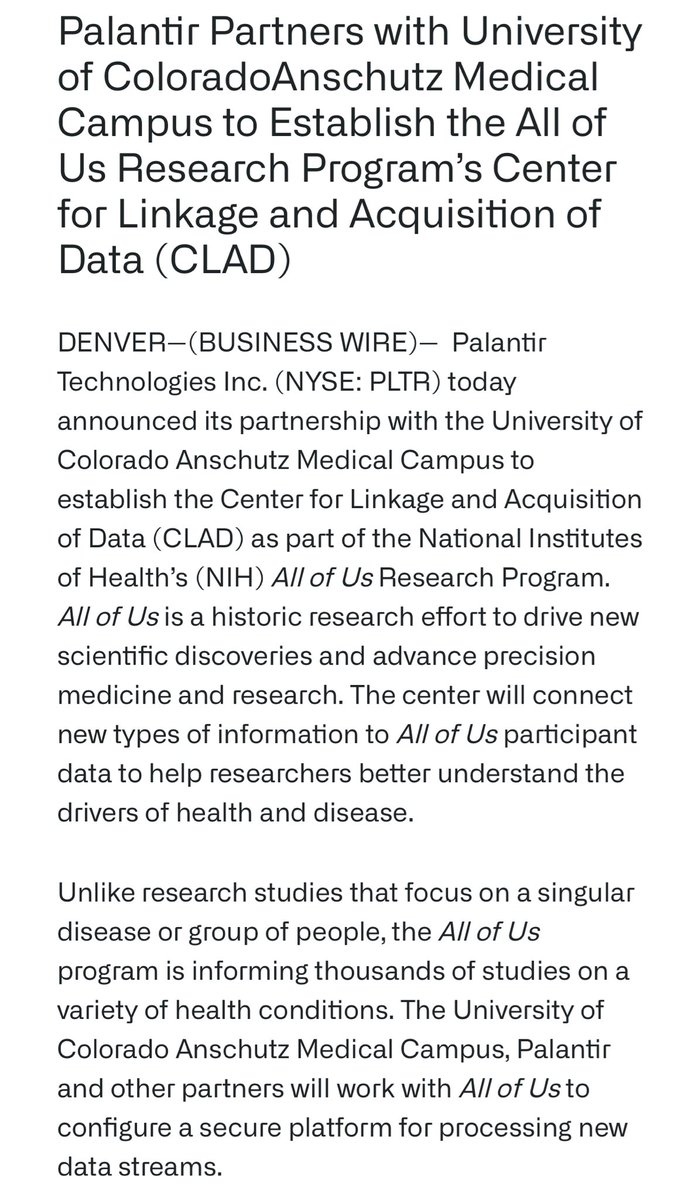 amitisinvesting's tweet image. HERE WE GO FOLKS

SECOND NEW $PLTR PALANTIR PARTNERSHIP THIS WEEK

BREAKING: Palantir Partners with University of ColoradoAnschutz Medical Campus

Another partnership in the healthcare space…
