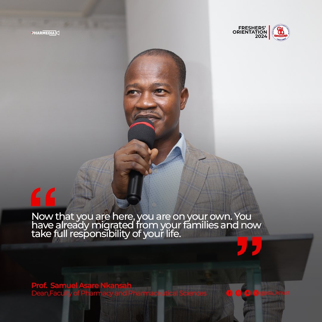 gpsa_knust's tweet photo. Our Dean, Prof. Samuel Asare Nkansah, offers his usual words of advice and guidance to Rx29 to have them sailing smooth on their 6 year Journey.
#Rx29
#FacultyOrientation https://t.co/l6Czpg03V1