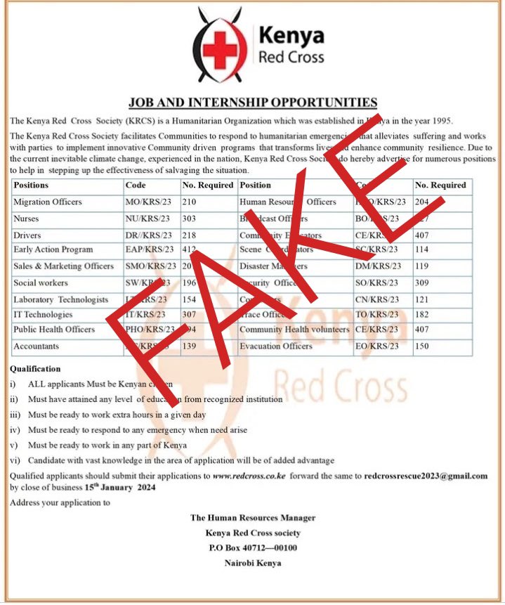 The Kenya Red Cross Society warns members of the public not to fall victim to this fake recruitment exercise. Legitimate job opportunities with us are exclusively posted on redcross.or.ke/careers Stay vigilant and beware of such fraudulent posters.