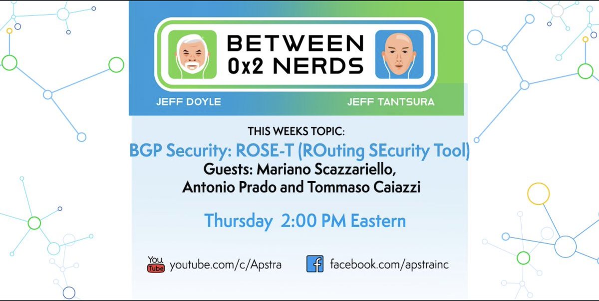 Very excited to participate in the upcoming show “Between 0x2 Nerds” (Jeff Doyle and Jeff Tantsura) with my colleagues <a href="/Skazza_94/">Mariano Scazzariello</a>  and Tommaso Caiazzi to talk about our project ROSE-T (ROuting SEcurity Tool).
#BGP <a href="/RoutingMANRS/">MANRS</a> 

youtube.com/c/Apstra
facebook.com/apstrainc