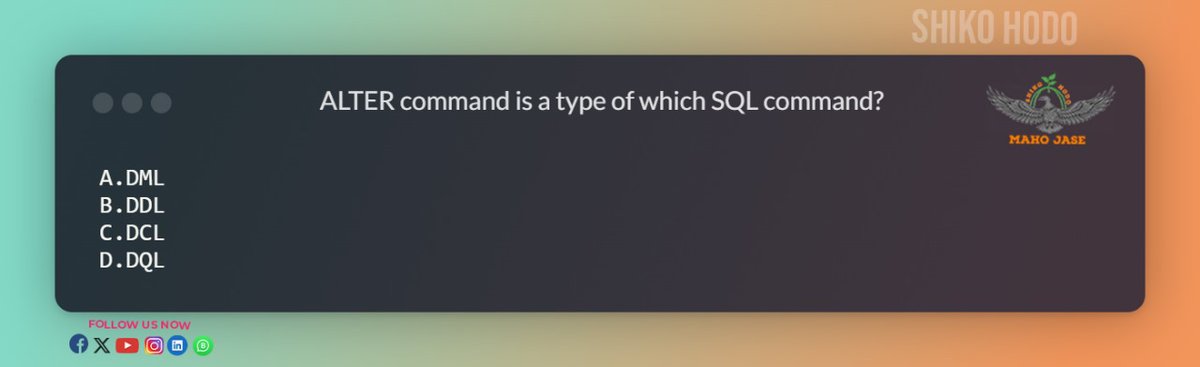 'Unlocking the secrets of structured data with the power of SQL. 🔐💻”

Comment your answers Below

#SQLExcellence #DataArtisan #SQLSolutions #TechDBA #QueryCrafting #CodeDataWisdom #SQLJourney #MySQL #DataOptimization #DBAdminLife #SQLForDevelopers #mjitQndA #mjitquiz
