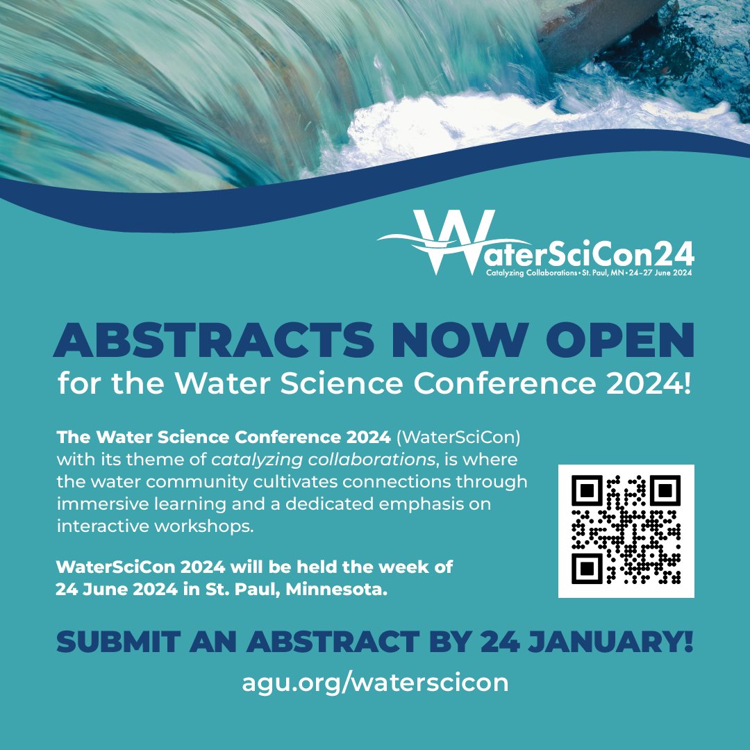 💦Abstract submissions for #WaterSciCon24 are now being accepted!💦

Join us in St. Paul, MN, 24-27 June 2024, for immersive learning, interactive workshops and valuable takeaways. 

Submit your abstract by 24 Jan 2024 👉 brnw.ch/21wFZec

Co-sponsored by #AGU and <a href="/CUAHSI/">CUAHSI</a>