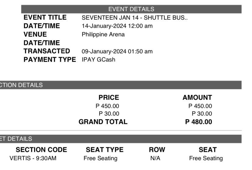 8huicart's tweet photo. wts lfb

shuttle bus ticket for seventeen follow bulacan day 2

- vertis north to philippine stadium
- 9:30 am departure
- negotiable price

🏷️ svt ftb d2 jan 14 https://t.co/q8xVpaV9vU