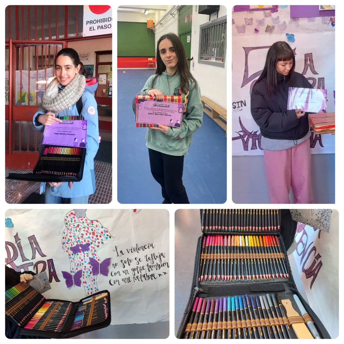 Las tres ganadoras del concurso de dibujo con motivo del "Día Internacional de la Eliminación de la Violencia contra la Mujer" reciben su regalo.
Vega Mateos Romero de 1° de la ESO, Laura Sánchez García de 3° de la ESO y Lucía Vázquez Núñez de 2° GM Actividades Comerciales.