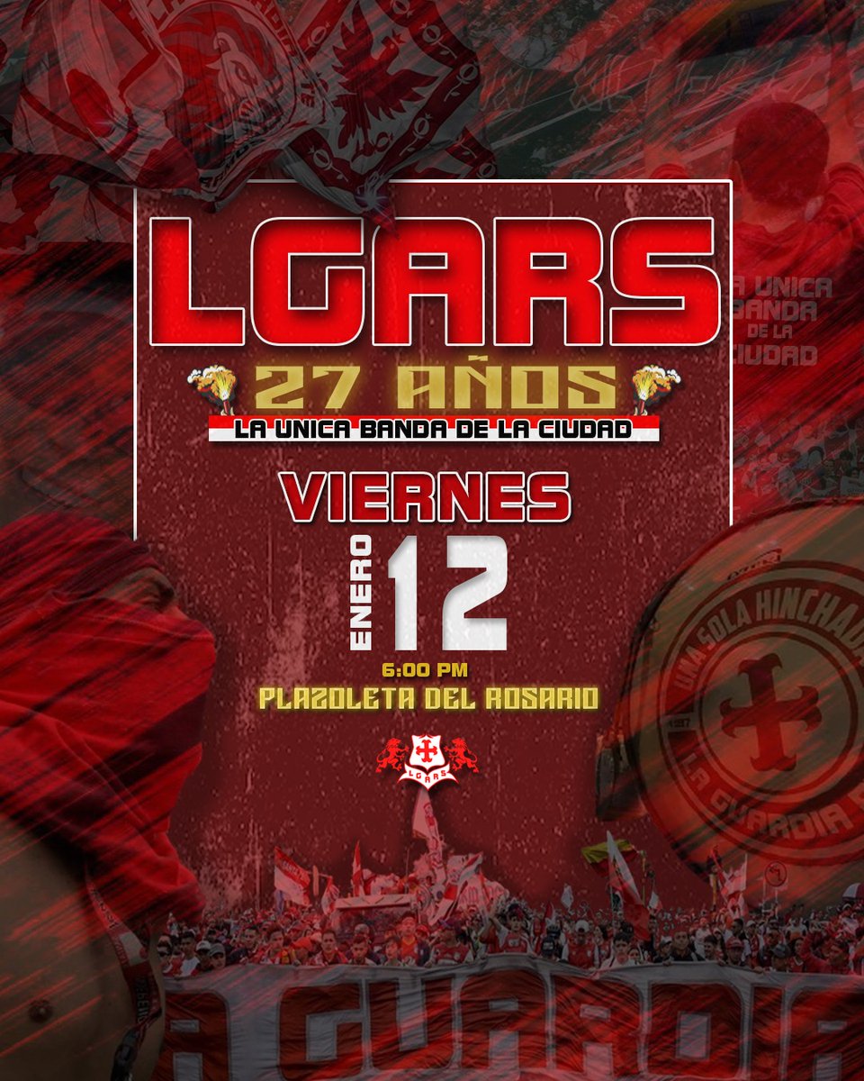 lgars_Oficial's tweet photo. Que no se pierdan las buenas costumbres, acompañarnos a celebrar un aniversario más de #LaÚnicaBandaDeLaCiudad 🇮🇩

🗓️ Viernes 12/01
📍 Plazoleta del Rosario
⏰ 6pm
🔥 Bengalazo
🥁 @Sonidocardenal 

#27AñosEnGuardia ))♰(( https://t.co/Rb6AkxHLvA