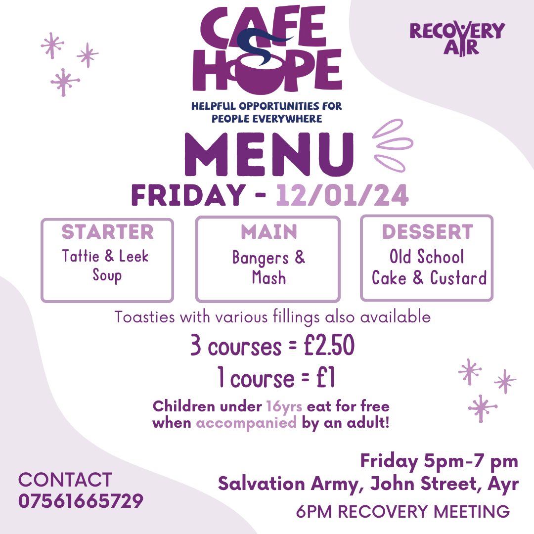 Cafe Hope Menu for Friday the 12th of January 2024.