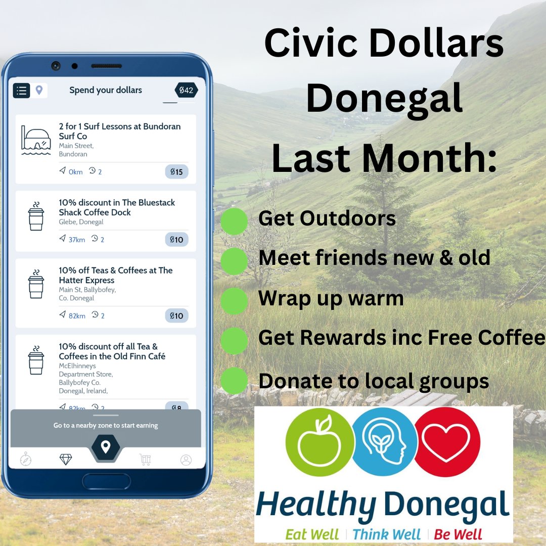 Keep your New Year resolutions by earning Civic Dollars for just spending time in over 60 parks, beaches and forests across county #Donegal Get Free coffees and many more rewards or donate to local groups & charities! So wrap up warm and #GetOutdoors