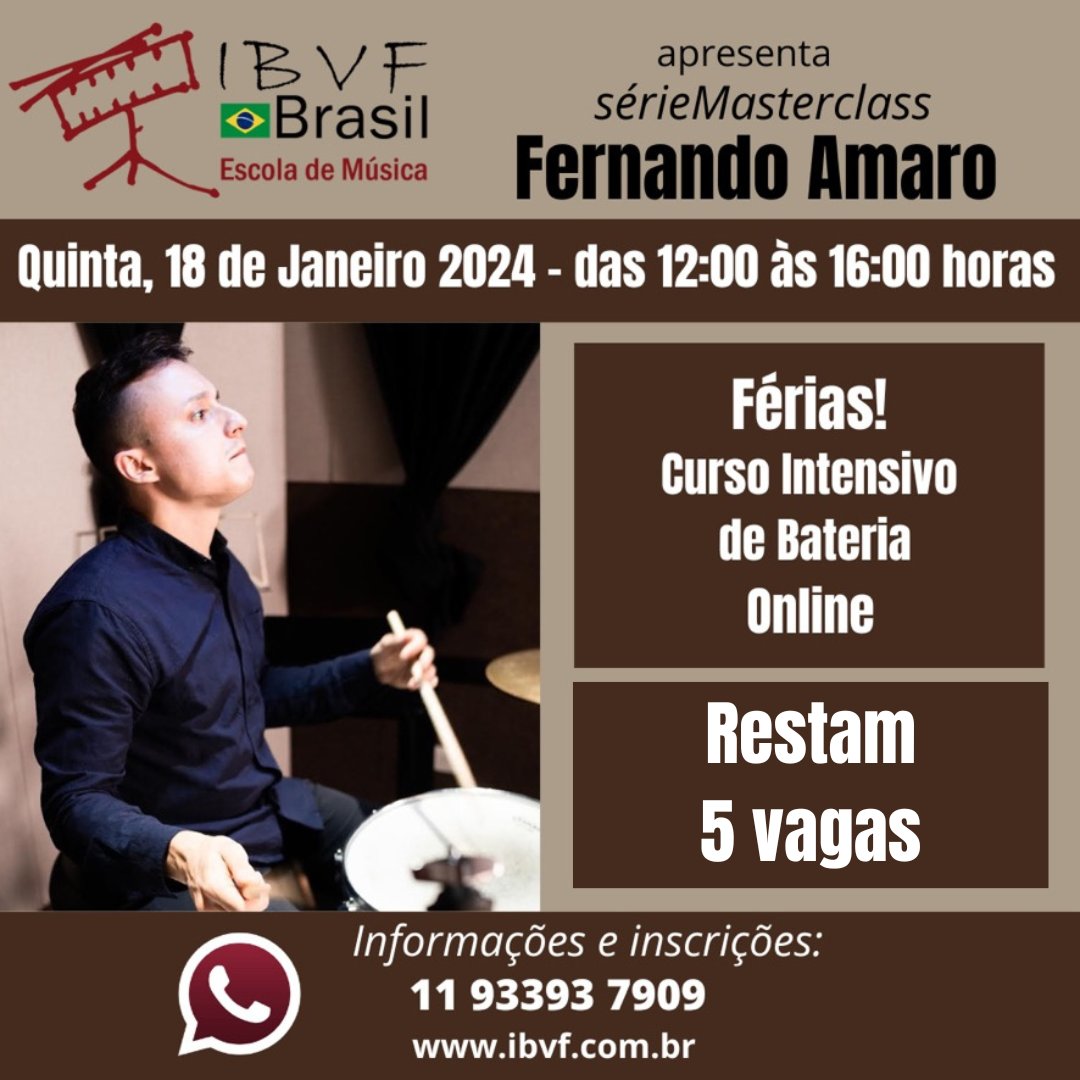 🥁

CURSO INTENSIVO DE BATERIA
Está chegando e são apenas 5 vagas disponíveis. Garanta a sua!

Aproveite as férias para entrar no ritmo com o curso de bateria intensivo e online de Fernando Amaro.

#fernandoamaro #noritmodoibvfbrasil #cursosibvfbrasil #bateria