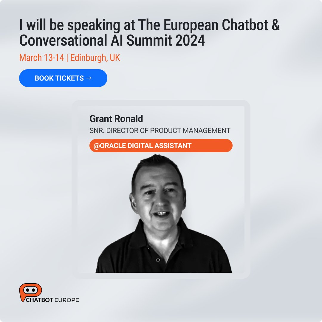 gwronald's tweet image. Really pleased to be presenting a keynote session and chatting about my #ConversationalAI development experiences in #Oracle and demoing some of the #healthcare #AI apps we are building and how we're embracing, and meeting the challenges of #LLM and #GenAI @EuropeanChatbot