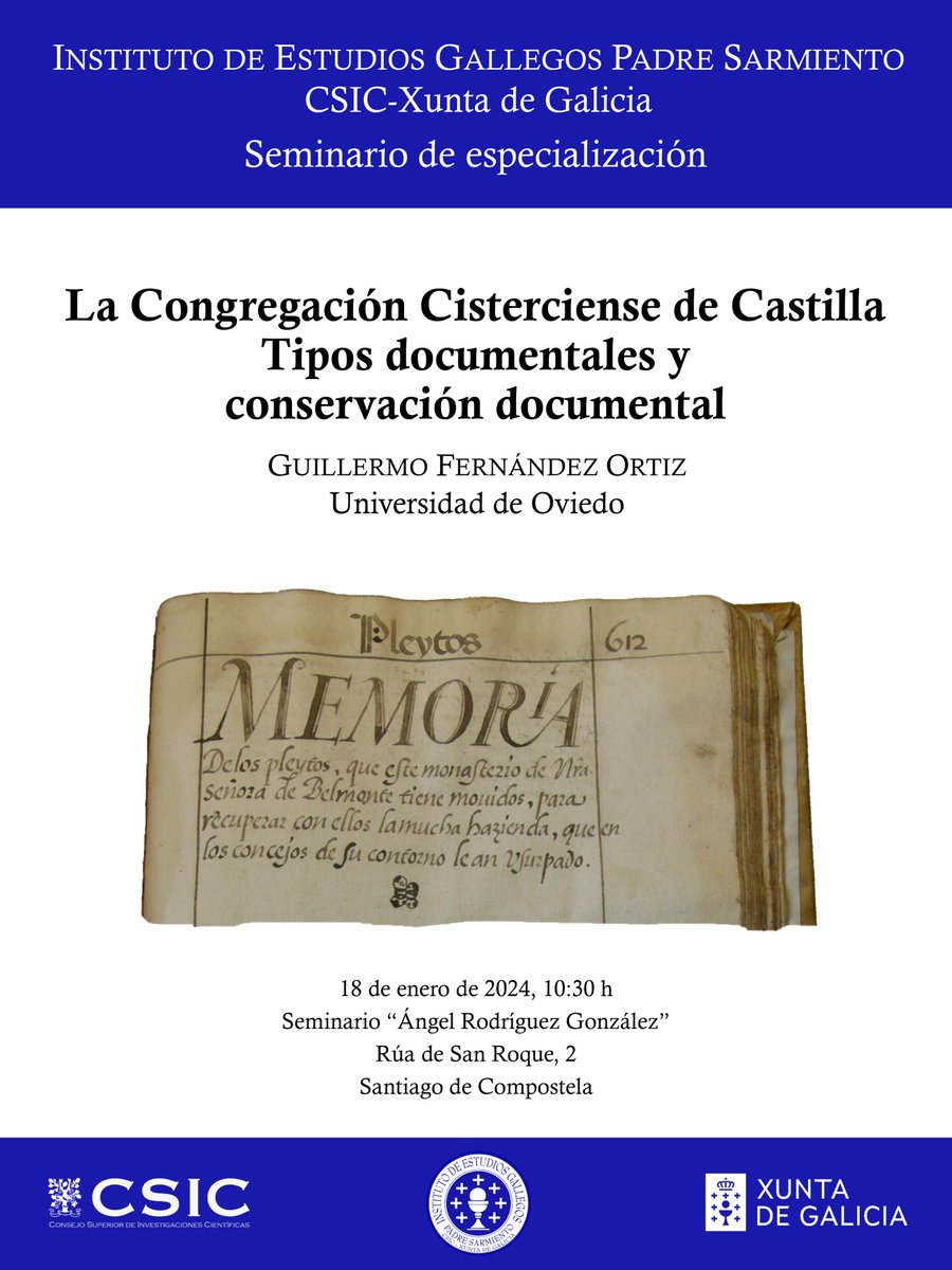 La próxima semana iniciamos los seminarios de especialización de 2024 con Guillermo Fernández Ortiz (@uniovi_info), quien nos ilustrará sobre tipos documentales y conservación documental de la Congregación Cisterciense de Castilla.