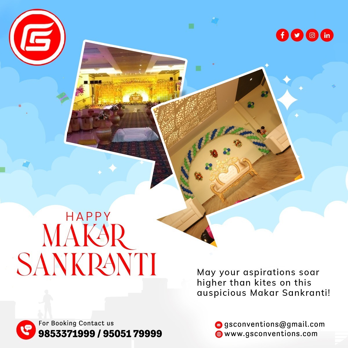 GsConventions's tweet photo. Soar to new heights of celebration at GS Convention this Makar Sankranti! 🪁✨
#gsconvention #makarsankranti #makar #partyhallsinvizag https://t.co/lg1jLV7raJ
