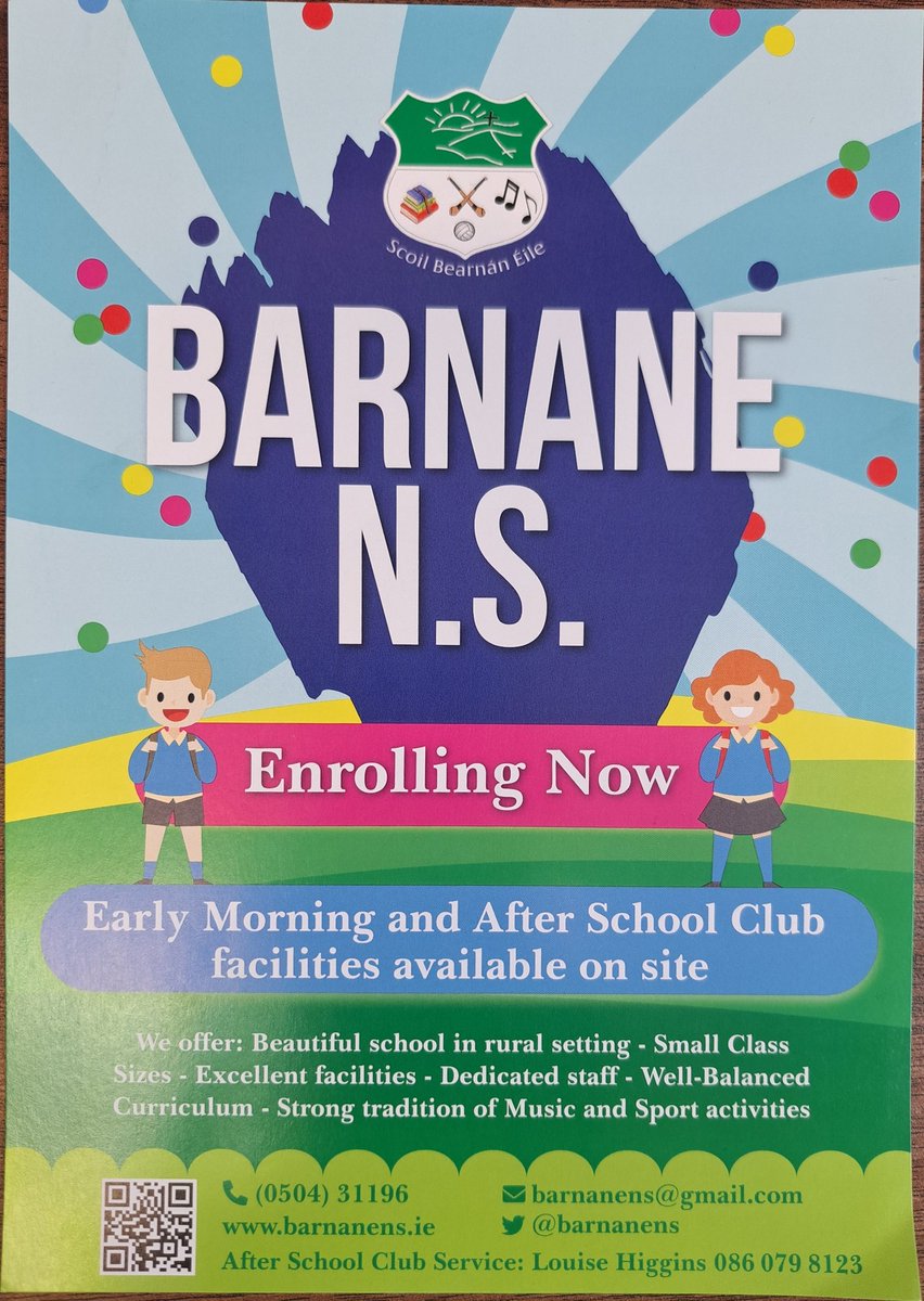 Barnane NS is open for enrolments! Our beautiful, recently renovated school boasts modern facilities, small class sizes, balanced curriculum, excellent IT resources and large outdoor playing areas, including a newly installed playground. Childcare facilities are also available.