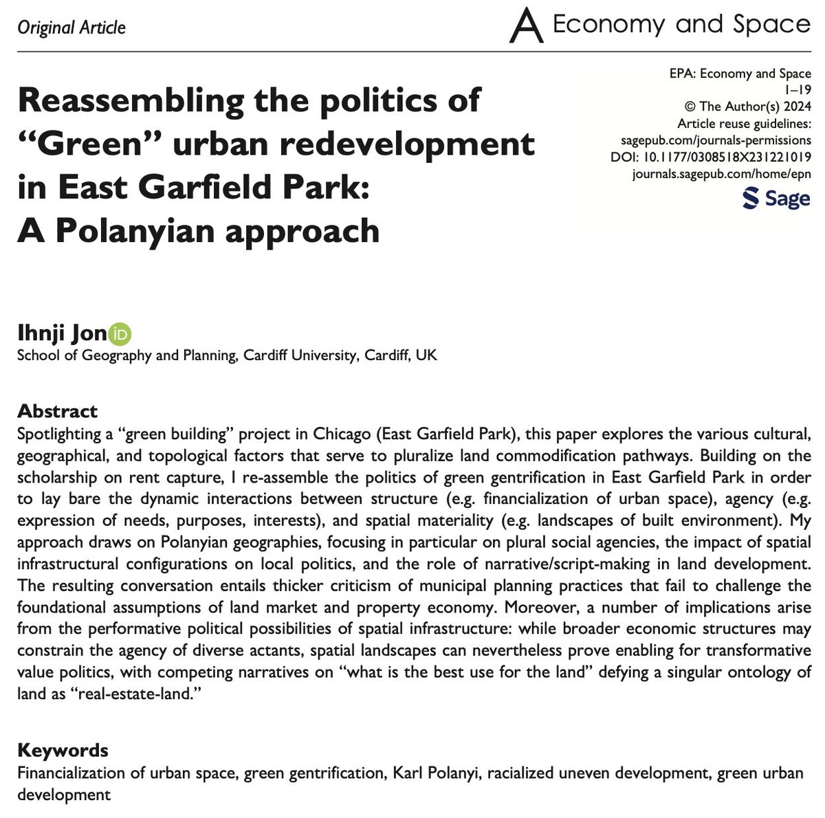 it's live !! my first article in my dream journal <a href="/economyandspace/">EPA: Economy and Space</a> (thank you so much <a href="/outtaKimbo/">Jamie Peck</a> !!!)

Reassembling the politics of “Green” urban redevelopment in East Garfield Park: A Polanyian approach
doi.org/10.1177/030851…