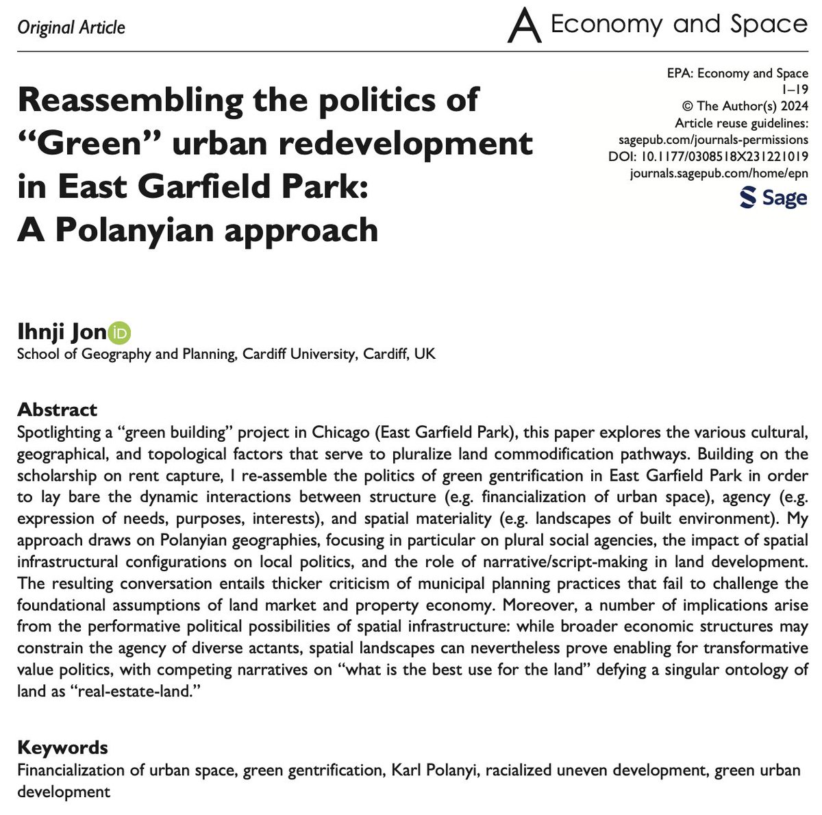 it's live !! my first article in my dream journal @economyandspace (thank you so much @outtaKimbo !!!) Reassembling the politics of “Green” urban redevelopment in East Garfield Park: A Polanyian approach doi.org/10.1177/030851…
