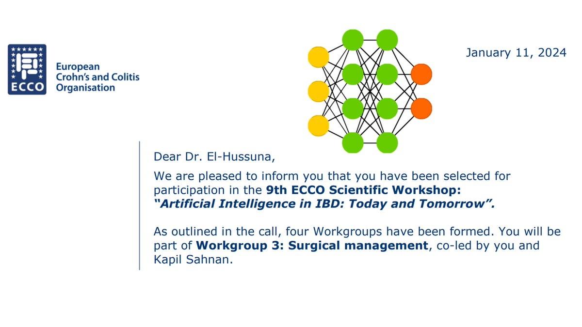 I am delighted to be part of team working on #AI in #IBD workshop: a new initiative by #ECCO I am looking forward to work with my colleagues @KSahnan et al Just a reminder: There will be a special session about #AI in #IBD in the S-ECCO masterclass 22. Feb. 24 in Stockholm 🇸🇪