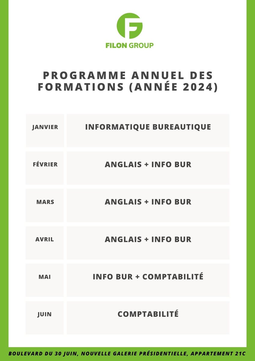FilonGroup's tweet photo. Le programme officiel pour l’année 2024 en ce qui concerne les formations professionnelles qui auront lieu dans l’entreprise Filon Group. N’hésitez pas de nous faire à nouveau confiance, vous ne serez pas déçus de la qualité ✨ Bonana 🎆 @TshatshalaNico1 @elisamaubert @ob_wick https://t.co/ForOxkmWAc