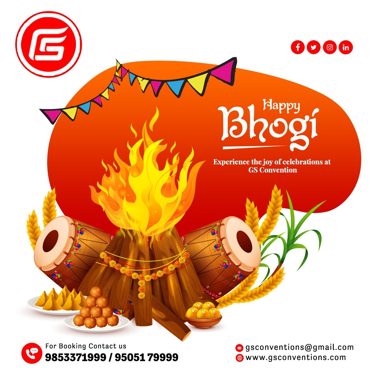 GsConventions's tweet photo. 🔥 Ignite the spirit of Bhogi in a blaze of joy at GS Convention! 🔥
#bhogi #gsconvention #partyhallsinvizag  #vizagfunctionhalls https://t.co/ERbUASKBn1