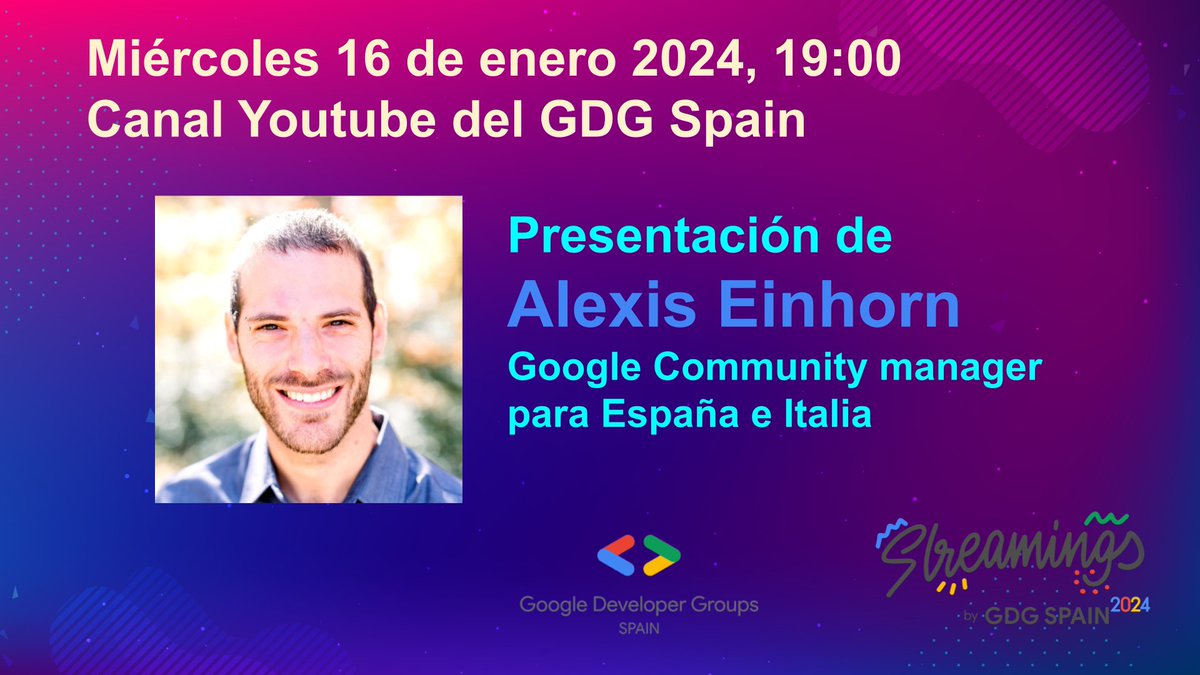 El equipo de los <a href="/GDG_ES/">GDG Spain</a> Streamings vuelve este 2024, y para empezar haremos la presentación de 
Alexis Einhorn, nuevo Google Community manager para España e Italia <a href="/AlexisMalaga86/">Alexis</a> RSVP en la plataforma de eventos de Google gdg.community.dev/events/details… Os esperamos !