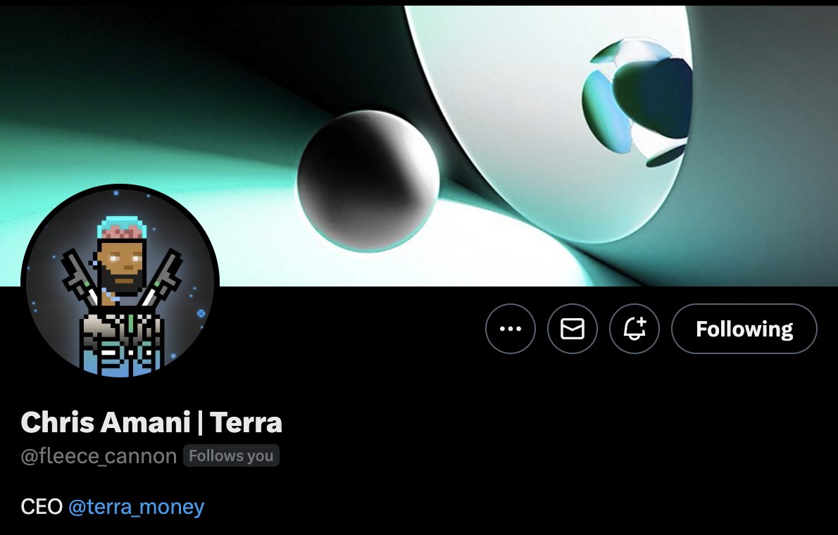 Stoked to have <a href="/fleece_cannon/">Chris Amani</a> sharing the love for terra NFTs.

It started with <a href="/GalacticSwamp/">SPACE TOADZ🧩</a> , now he's got a custom <a href="/galactic_punks/">Galactic Punks</a> in his collection.

Looking forward to playing our part in the <a href="/terra_money/">Terra 🌍 Powered by LUNA 🌕</a>  revival.

Make sure to follow Chris for all the Terra updates!
