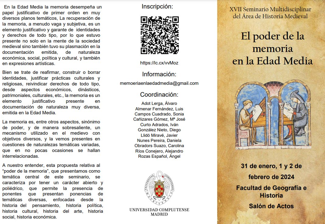Scripta_'s tweet photo. «El poder de la memoria en la Edad Media» es el próximo seminario de estudios medievales de la @UCM_fghis, que contará con la intervención de nuestra compañera @virsedamarta para analizar la memoria en los libros-biblioteca del conde de Haro.
📙📘📕
Info:
https://t.co/lie9NYclbd https://t.co/5CvweET1w4