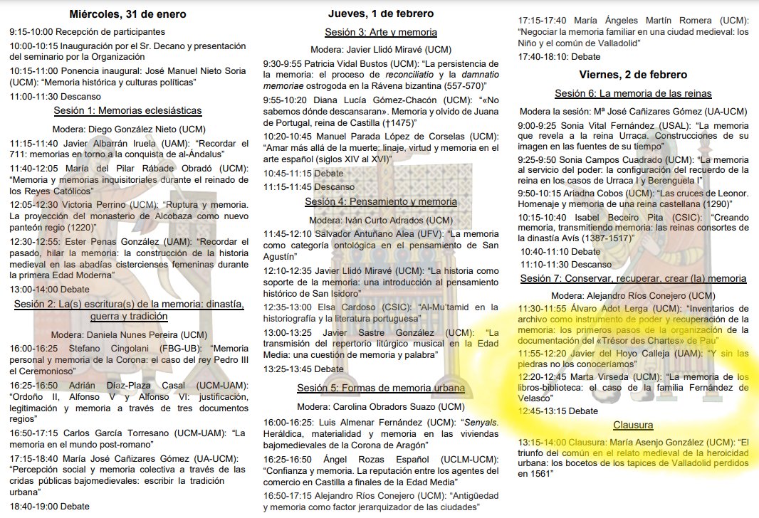 Scripta_'s tweet photo. «El poder de la memoria en la Edad Media» es el próximo seminario de estudios medievales de la @UCM_fghis, que contará con la intervención de nuestra compañera @virsedamarta para analizar la memoria en los libros-biblioteca del conde de Haro.
📙📘📕
Info:
https://t.co/lie9NYclbd https://t.co/5CvweET1w4