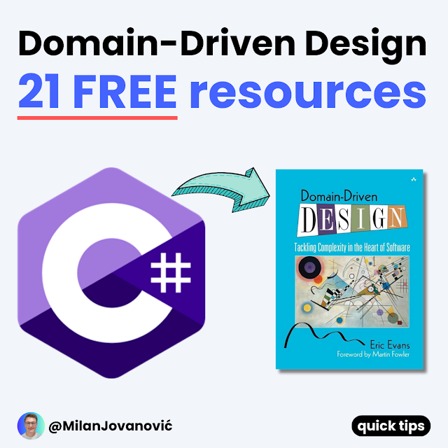 mjovanovictech's tweet photo. Do you want to learn Domain-Driven Design?

Here are 21 free resources to fast-track your journey. 🔥

1. What is an Entity - https://t.co/xji6B6oJ0K

2. What is a Value Object - https://t.co/RSls66545L

3. What is an Aggregate Root - https://t.co/jJtocCXdHl

4. Domain validation approaches -https://t.co/VQISKMj5dn

5. Domain Events pattern - https://t.co/y2CfDPcn0c

6. The DDD Trilemma - https://t.co/RTlM5jDgkD

7. Repository pattern - https://t.co/K6H8hriLr0

8. Specification pattern - https://t.co/HSEdHjpamR

9. Unit of Work pattern - https://t.co/vHTqb7QwwK

10. Design a Rich Domain Model - https://t.co/JLaJtPJSUU

11. Smart Enums in C# - https://t.co/paBmAXbiYF

12. Snapshot Pattern  - https://t.co/Cu73dbvQOA

13. Design a Rich Domain Model V2 - https://t.co/zHeSjkjx2B

14. Strongly Typed IDs - https://t.co/TnOtTH8Q7E

15. Fix Anemic Domain Model - https://t.co/kVLOjc71ab

16. Map DDD to Database - https://t.co/wyU6vzmCFK

17. Incomplete Aggregates? - https://t.co/DLMo62GimV

18. Double Dispatch Pattern - https://t.co/Zz57SFAqaa

19. Fix Broken Aggregates - https://t.co/DBpDA46egk

20. Organizing Domain Folders - https://t.co/eDehugZ3UD

21. DDD - Getting started - https://t.co/y5jTtqOWFh

Hope these are helpful.

Have an awesome day!

---

P.S. Want to become a better software engineer? Each week, I send one piece of practical advice about .NET and software architecture.

Join 37,000+ engineers: https://t.co/yceHK3bO35