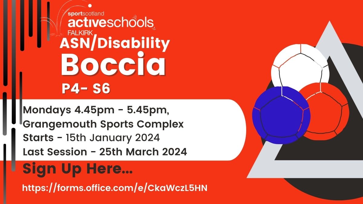 🚨ASN/Disability Boccia Club 🔴⚪️🔵

Boccia is a highly competitive seated sport where players aim towards the Jack and play fun games.

🏦Grangmouth Sports Complex
📅Starting Monday 15th January 2024
⏲️4.45pm - 5.45pm
💻To Book:
forms.office.com/e/CkaWczL5HN