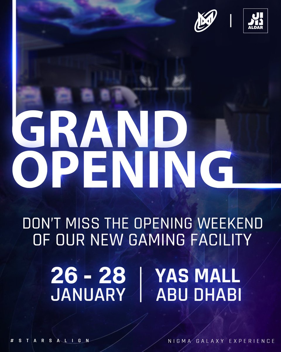 We're excited to announce Nigma Galaxy Experience our new gaming facility in Abu Dhabi, made in partnership with <a href="/aldar/">Aldar</a>!

Don't miss the Grand Opening weekend for a chance to meet our players, participate in tournaments, and win great prizes🌟

🗓️Jan 26-28
📍Yas Mall, Abu Dhabi