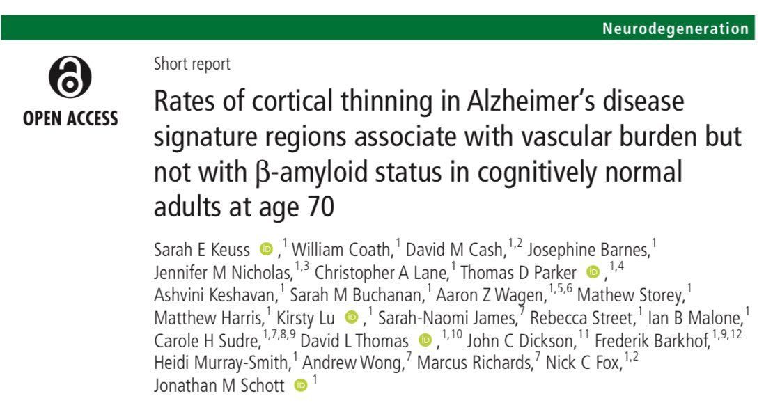 Cortical thinning in regions typically associated with Alzheimer’s may relate to vascular disease! Our latest from @MRCLHA Insight 46 study *open access* in @JNNP_BMJ jnnp.bmj.com/lookup/content…