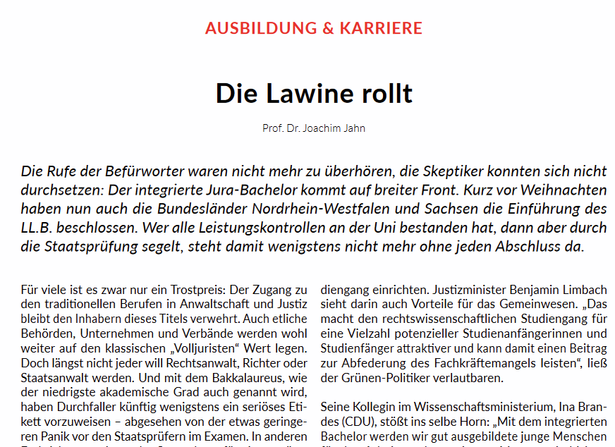 JoachimJahn's tweet photo. "Die Lawine rollt"
#integrierterBachelor #LL_B
(mein Beitrag in #NJW_aktuell -- heute im Heft)
@BundesFSJura @iur_reform @JM_NRW @SMJusDEG @UniLeipzig #ProfDrJustusMeyer
@beckonlinede @CHBeckRecht https://t.co/mttnBhP5fE