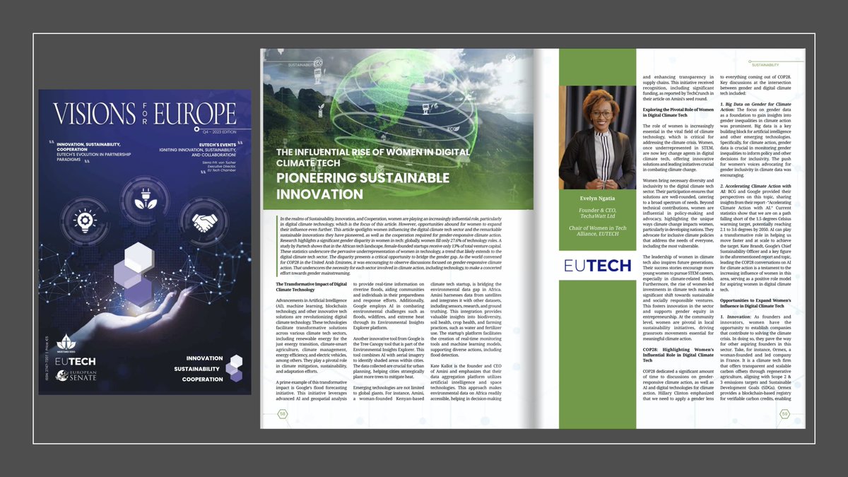 Evelyn Ngatia (@evelynngatia) on Twitter photo In this issue of Visions for Europe Magazine, published by <a href="/eutecchamber/">European Technology Chamber (EUTECH)</a>, I spotlight the influential women in the digital climate tech sector and their trailblazing contributions to sustainable innovation.
Read here: lnkd.in/dCdJfMZZ
#ClimateTech #Sustainability In this issue of Visions for Europe Magazine, published by <a href="/eutecchamber/">European Technology Chamber (EUTECH)</a>, I spotlight the influential women in the digital climate tech sector and their trailblazing contributions to sustainable innovation.
Read here: lnkd.in/dCdJfMZZ
#ClimateTech #Sustainability