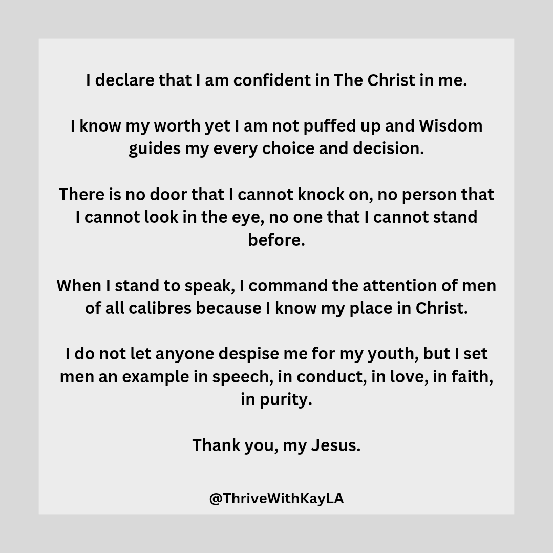 ThrivewithKayla's tweet photo. 1 Timothy 4:12 ESV
Let no one despise you for your youth, but set the believers an example in speech, in conduct, in love, in faith, in purity.
#TodaysDeclaration
#Confidence
#ThrivewithKayLA
#HrConsulting
#ThriveGracefully https://t.co/l4svjGwgmF