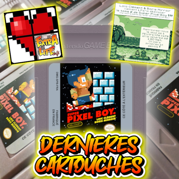johndostudio's tweet photo. 🚨SOLD OUT🚨
Enfin pas tout à fait 🫣 !
Les DERNIERS exemplaires de Super Pixel Boy Game Boy en cartouches seront disponibles chez les copains de @ExtraLifeCafe pendant la dédicace des 2 auteurs @loicforenpome et @BorisMirroir AUJOURD'HUI ⏱️
#superpixelboy #gameboy #bd https://t.co/bQGTaaS9Eh