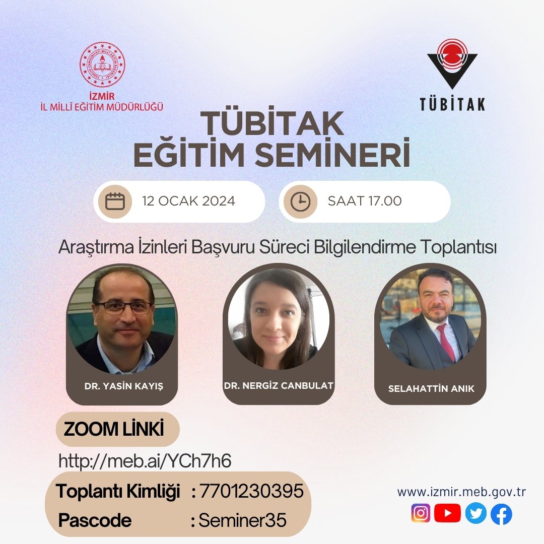 izmir_ilmem's tweet photo. 🗓 12 Ocak 2024
🕘 17.00 
🔗 https://t.co/TCoczFW2Hl
👉 Tübitak Eğitim Semineri
@tcmeb @Yusuf__Tekin @yahsiomer https://t.co/l2E3Cs6v2t